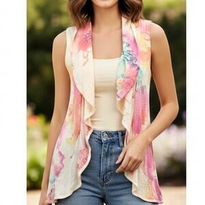 Sparrow Open Ruffled Vest Womens XS Cream Multicolor Floral Linen Cotton Topper